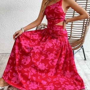 Pink Boho Womens Floral Print One Shoulder Cut Out Waist Ruffle Hem Dress